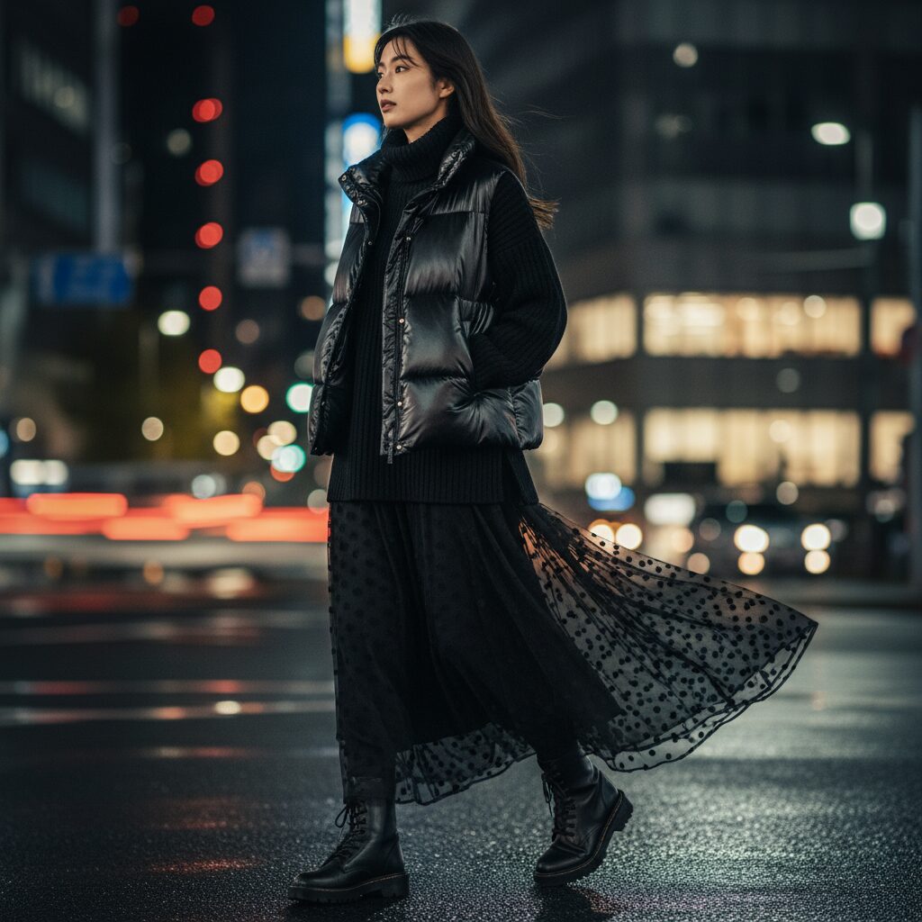 歩いている女性のファッションポートレート。オールブラックコーデだが異素材をミックスしている。マットな黒ニット、光沢のあるダウンベスト、そしてドット柄の黒シアーシフォンスカート。クールな表情。背景は都会の街並み。