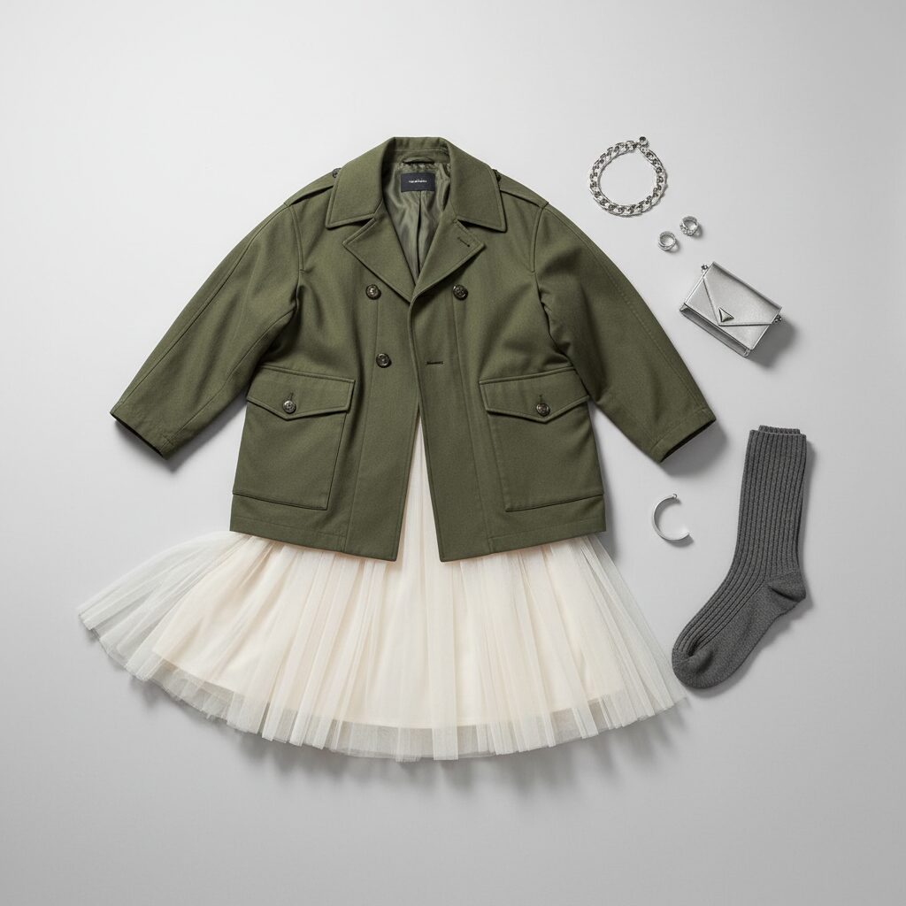 冬のコーディネートの置き画(フラットレイ)。ボリュームのあるオリーブグリーンのミリタリーコート、クリーム色の柔らかなチュールスカート、グレーのリブタイツ、シルバーアクセサリー。ミニマルな背景、スタジオライティング。