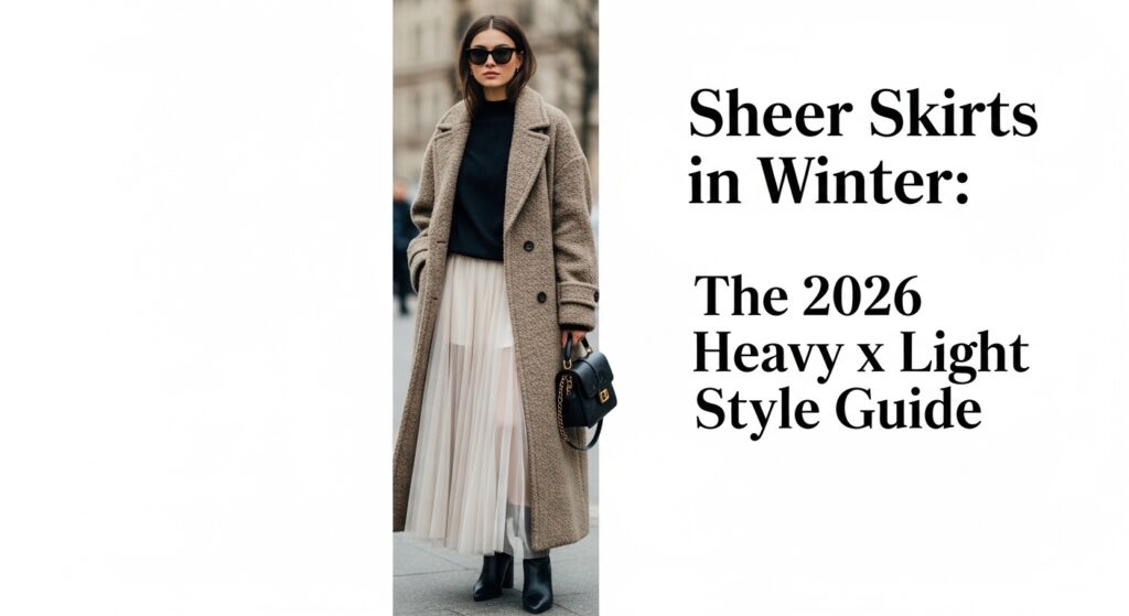 重厚なウールのロングコートの下から繊細なチュールスカートが覗く、冬の都会的なストリートスナップ