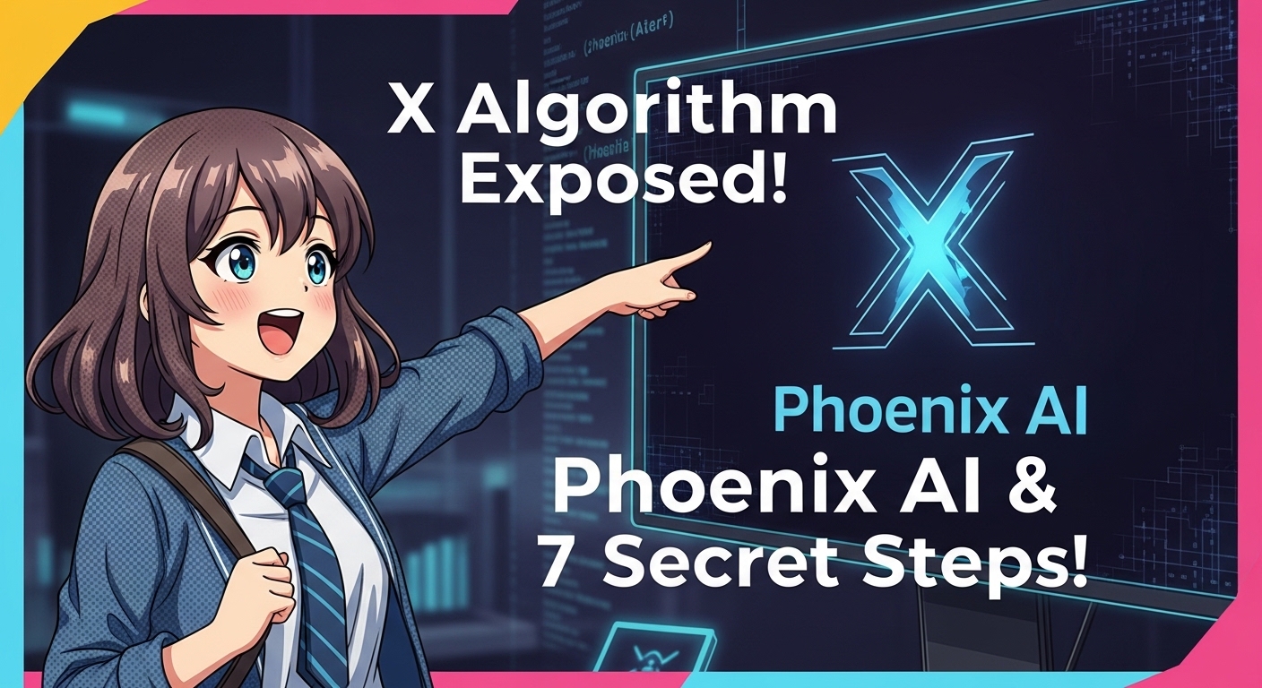 X（旧Twitter）のロゴと、羽ばたくフェニックスのイラスト、AIのイメージが融合した鮮やかな画像