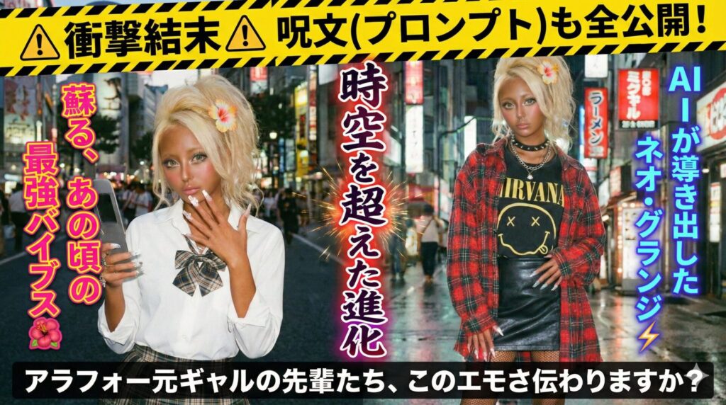 AI画像生成「ナノバナナ」で再現した平成ガングロギャル（左）と、令和ネオ・グランジファッションに進化した姿（右）の比較アイキャッチ。プロンプト公開記事。