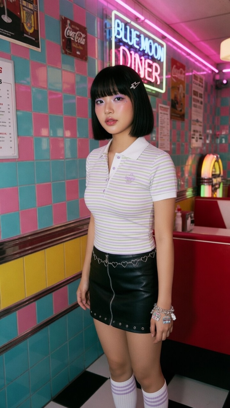 レトロなダイナーを背景に、タイトな半袖ポロシャツと黒のマイクロミニスカートを着こなすハイティーンルックの韓国系ティーンエイジャー