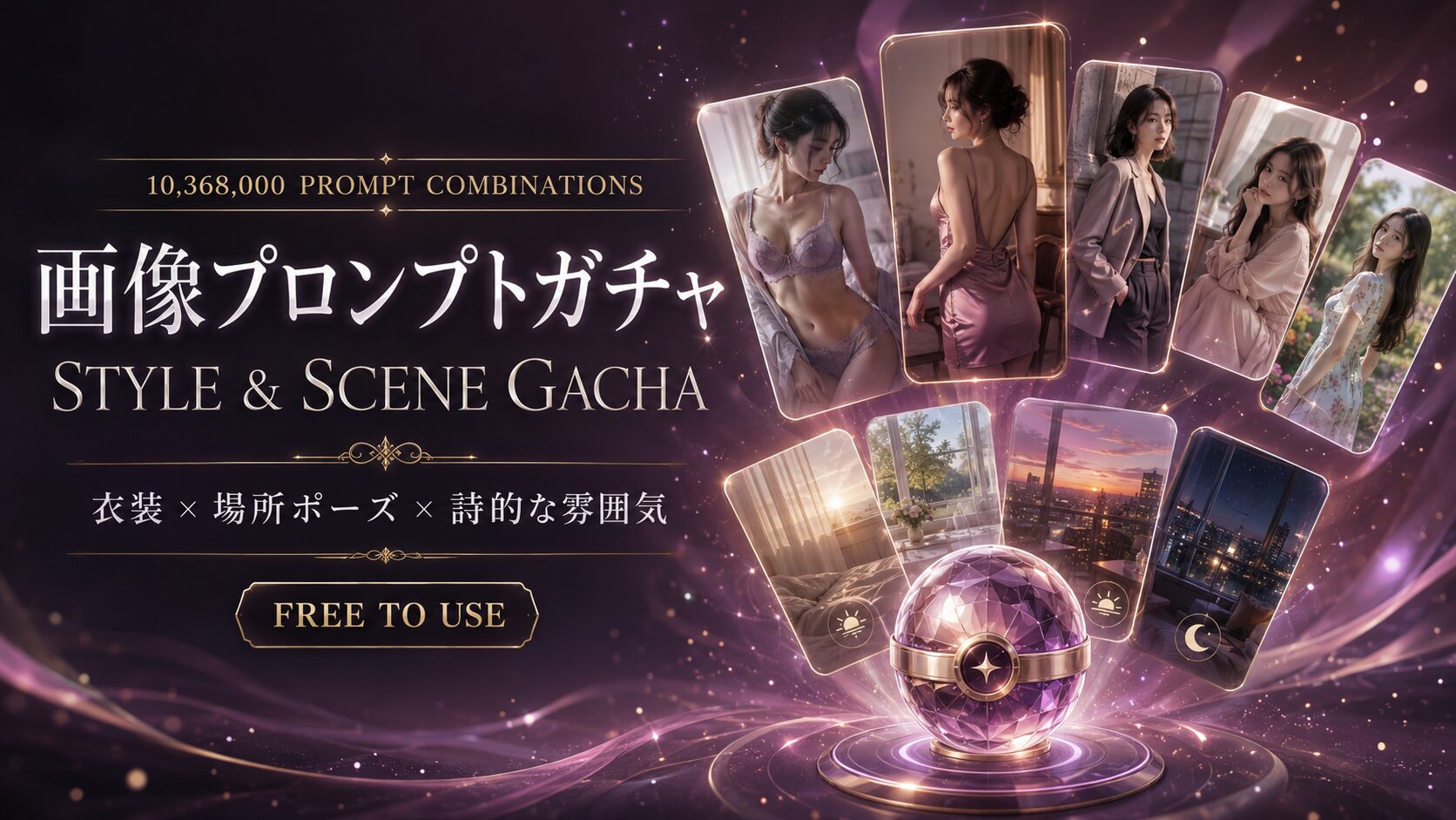 衣装360種類、場所ポーズ360種類、朝・昼・夕方・夜の詩的な雰囲気80種類から日本語プロンプトを作れる無料画像プロンプトガチャ