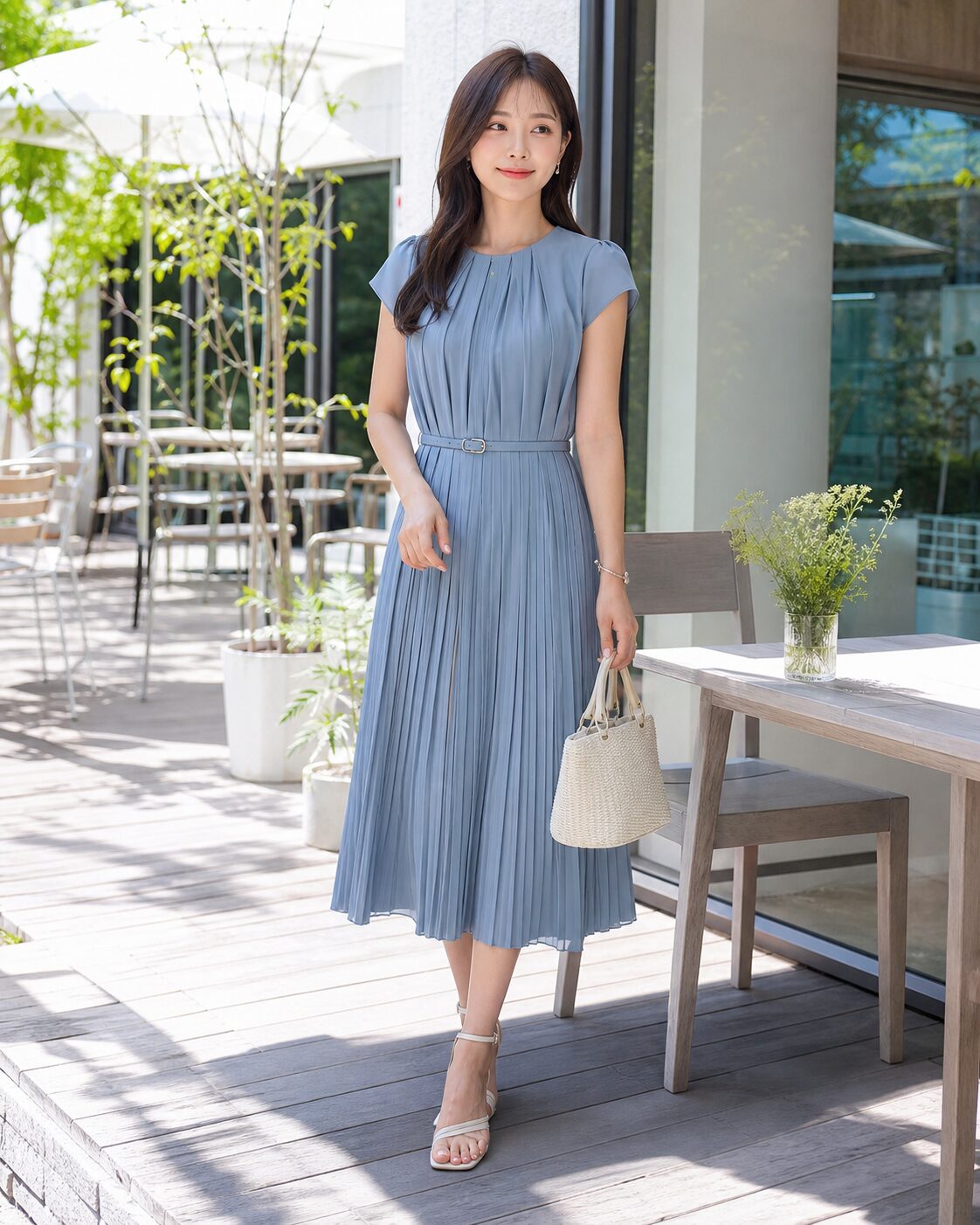 明るいカフェテラスでくすみブルーのワンピースを着た22歳の日本人女性