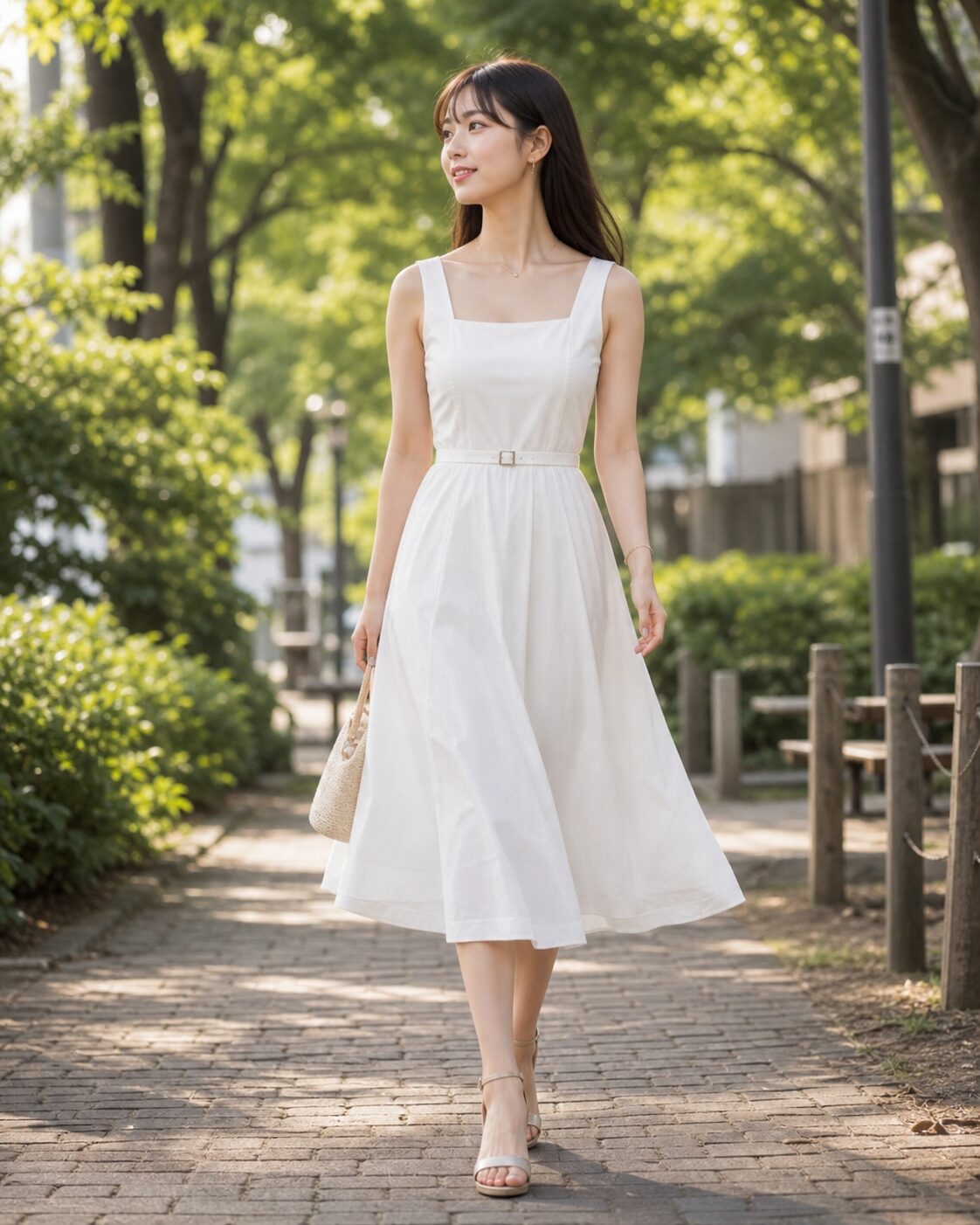 白いフィットアンドフレアの夏ワンピースでデートを楽しむ22歳の日本人女性