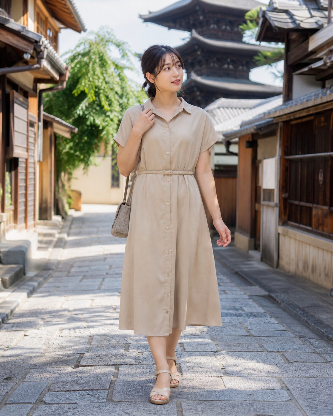 ベージュのシャツワンピースで夏の観光地を歩く22歳の日本人女性