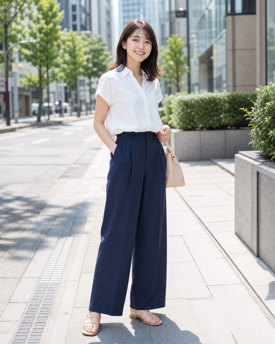 白いブラウスとネイビーのワイドパンツを着た22歳の日本人女性の夏コーデ