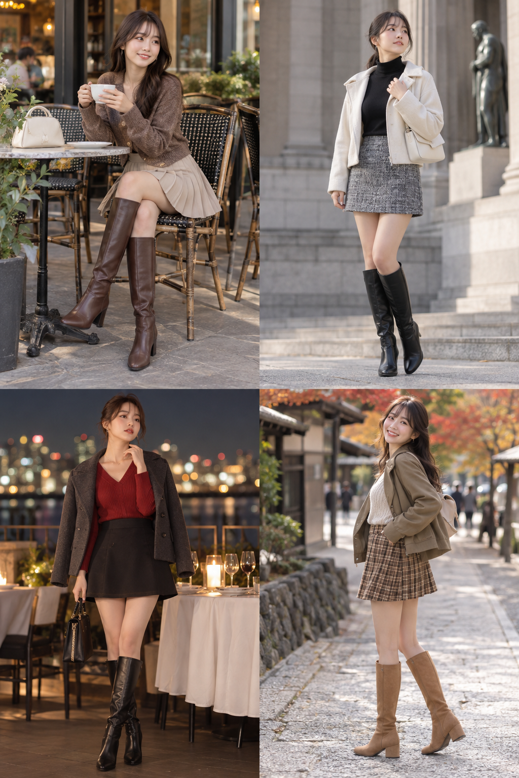 紅葉やカフェ、夜景に合うミニスカートとロングブーツの4種類の秋デートコーデ