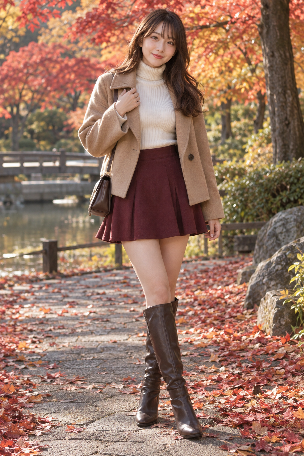 紅葉公園でミニスカートとロングブーツを着た成人日本人女性
