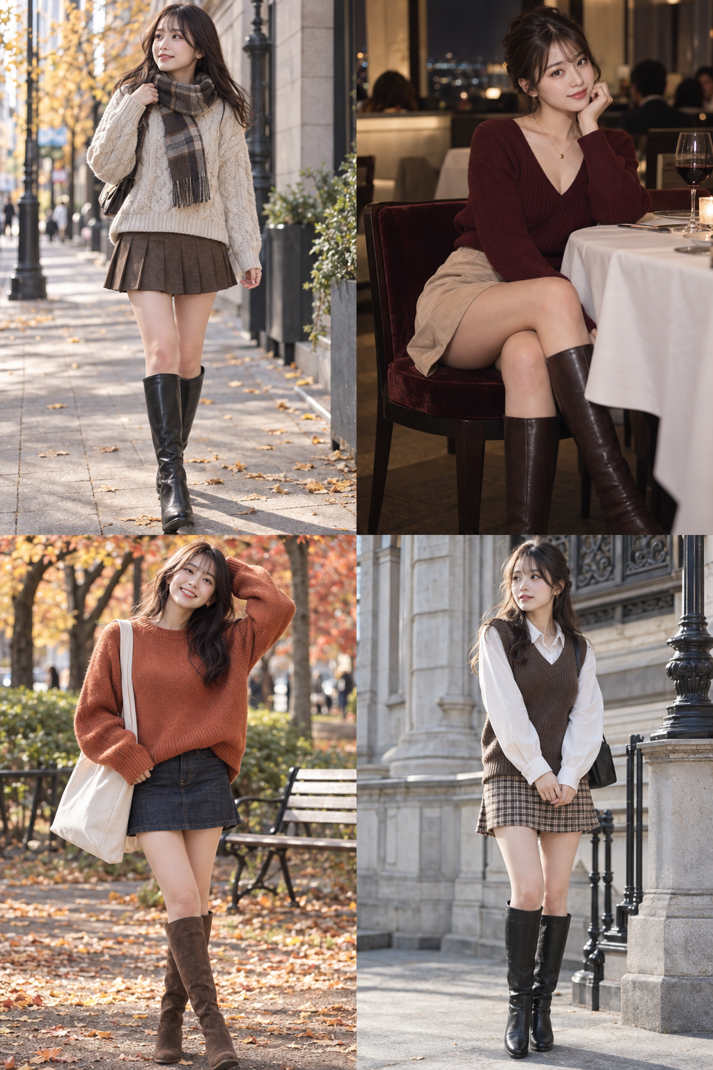 ニットとミニスカート、ロングブーツの4種類の秋コーデカタログ