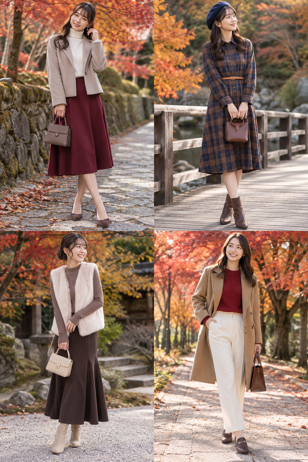 紅葉デート向けの4種類の秋コーデを比較できる成人日本人女性のファッションカタログ