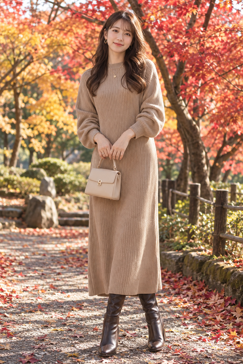 紅葉の公園で秋のデートコーデを着た成人日本人女性