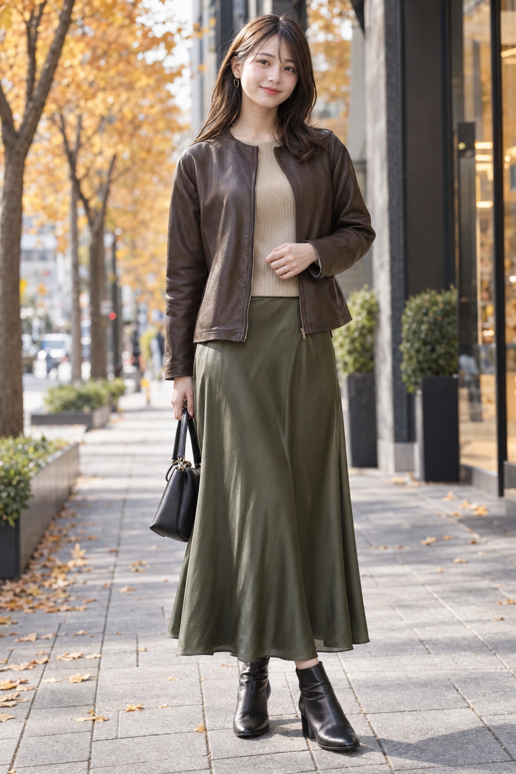ブラウンのレザージャケットを着た成人日本人女性の秋コーデ
