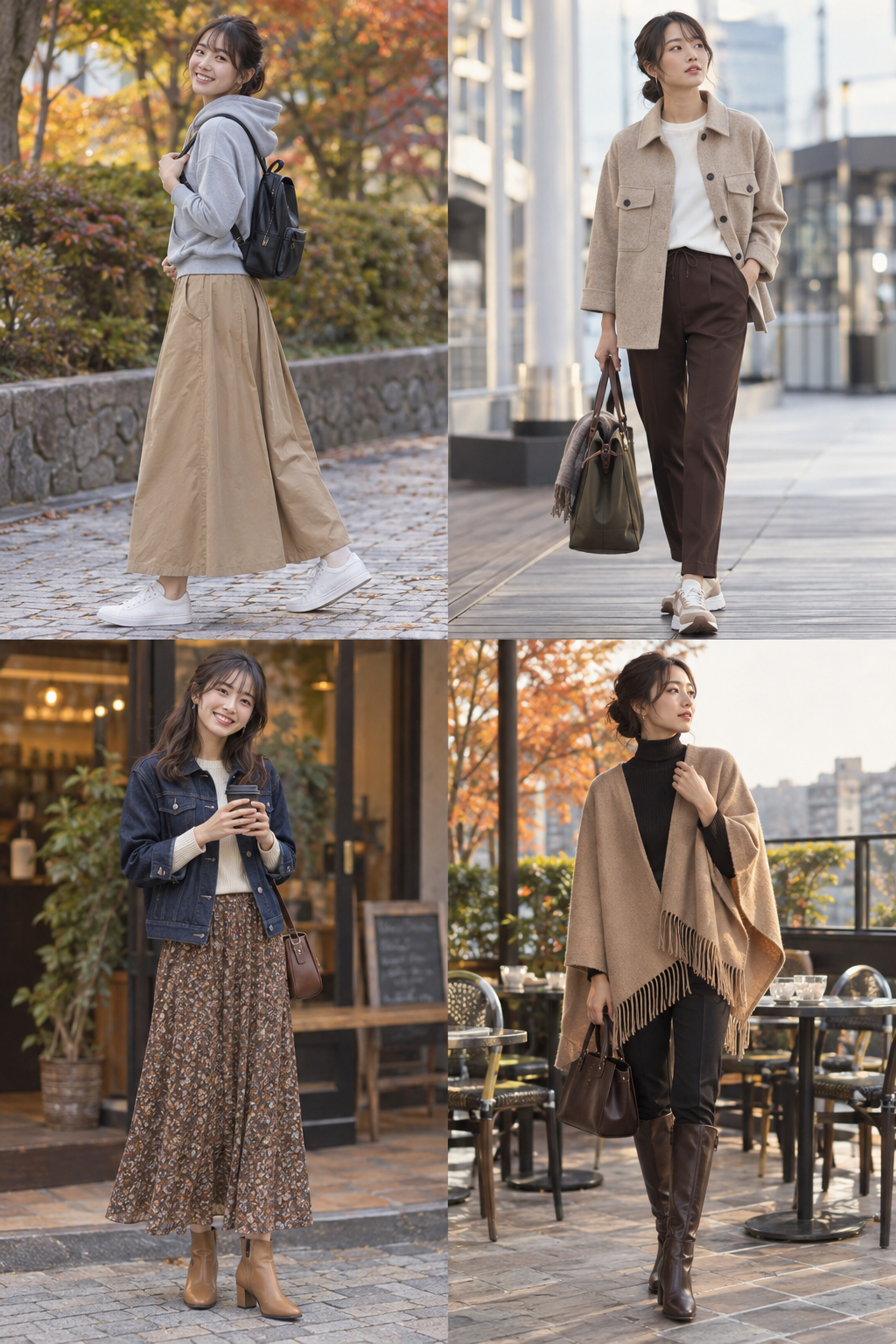 カフェと街歩き向けの4種類の秋コーデを比較できる成人日本人女性のファッションカタログ