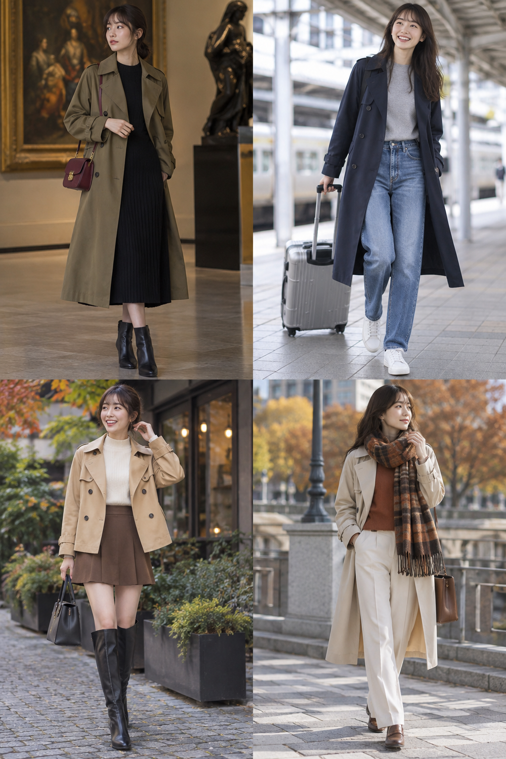 トレンチコートを使った4種類の秋コーデを比較できる成人日本人女性のファッションカタログ