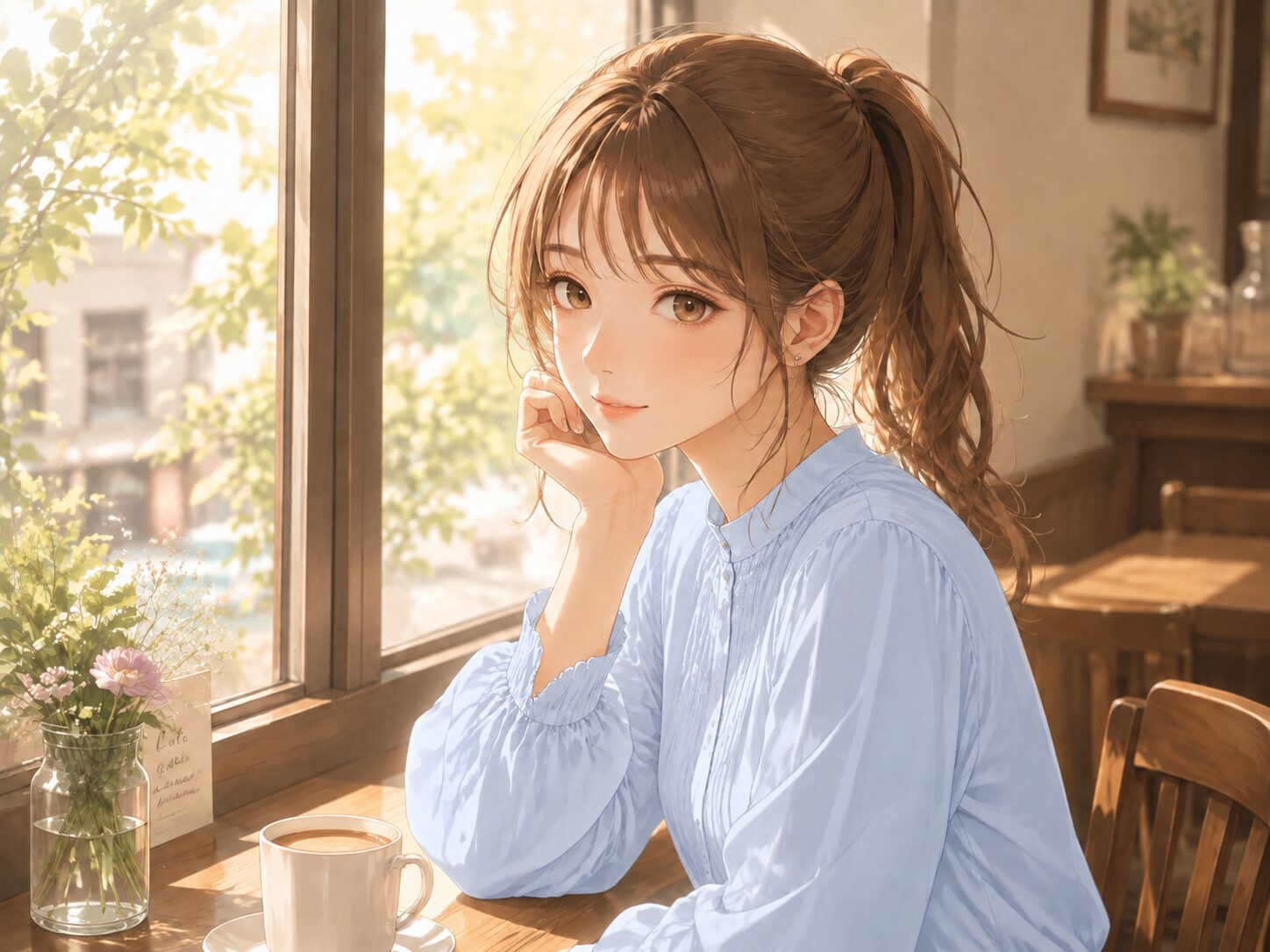修正後の参考例:ブラウスが淡い水色になった女性