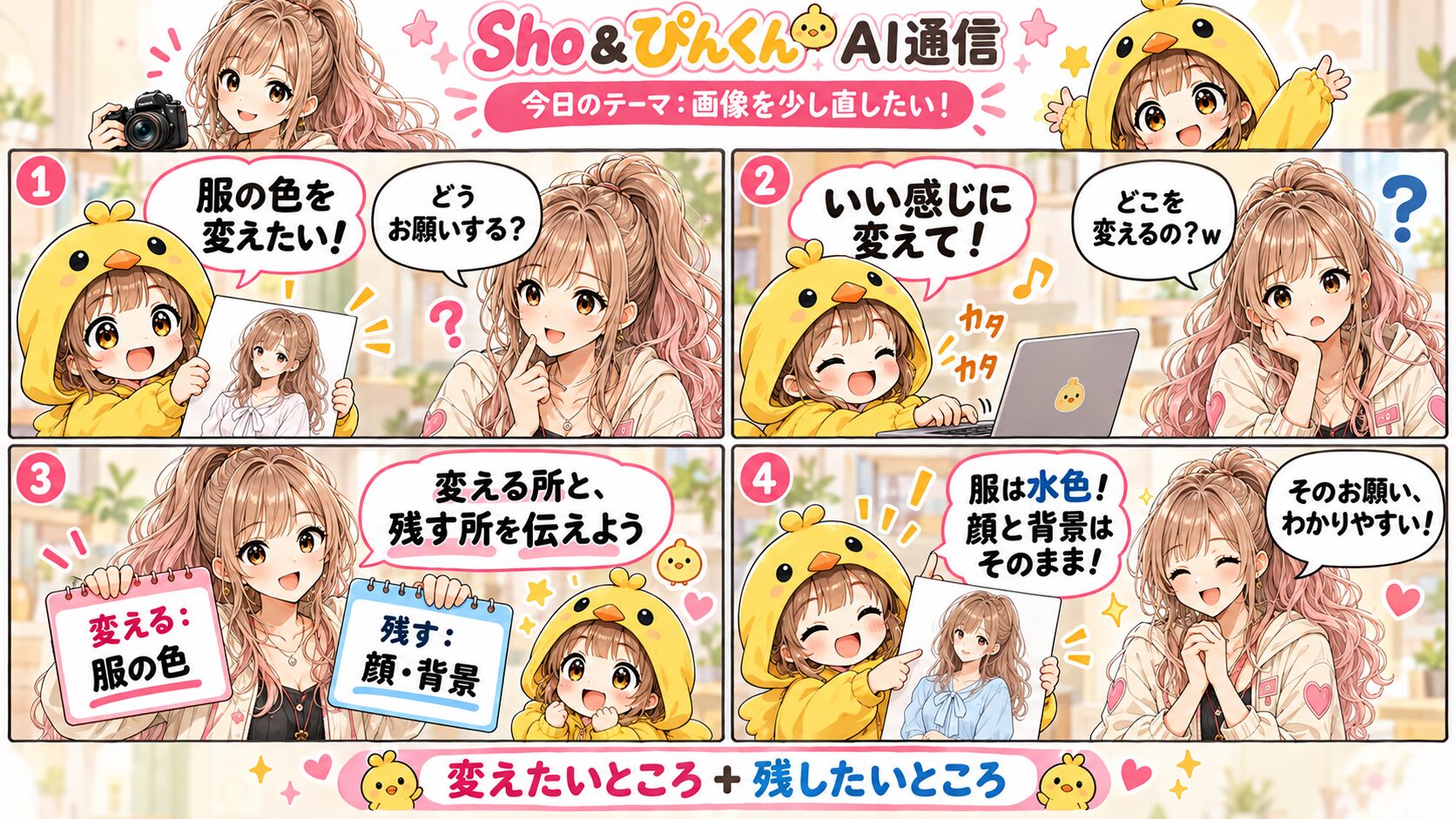 服の色を変えたいぴんくんが、変えるところと残すところを伝えると学ぶ4コマ漫画