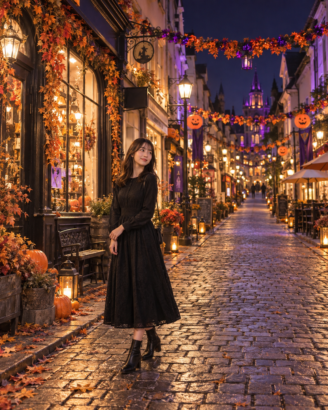 ハロウィン装飾の夜の商店街に立つ成人日本人女性