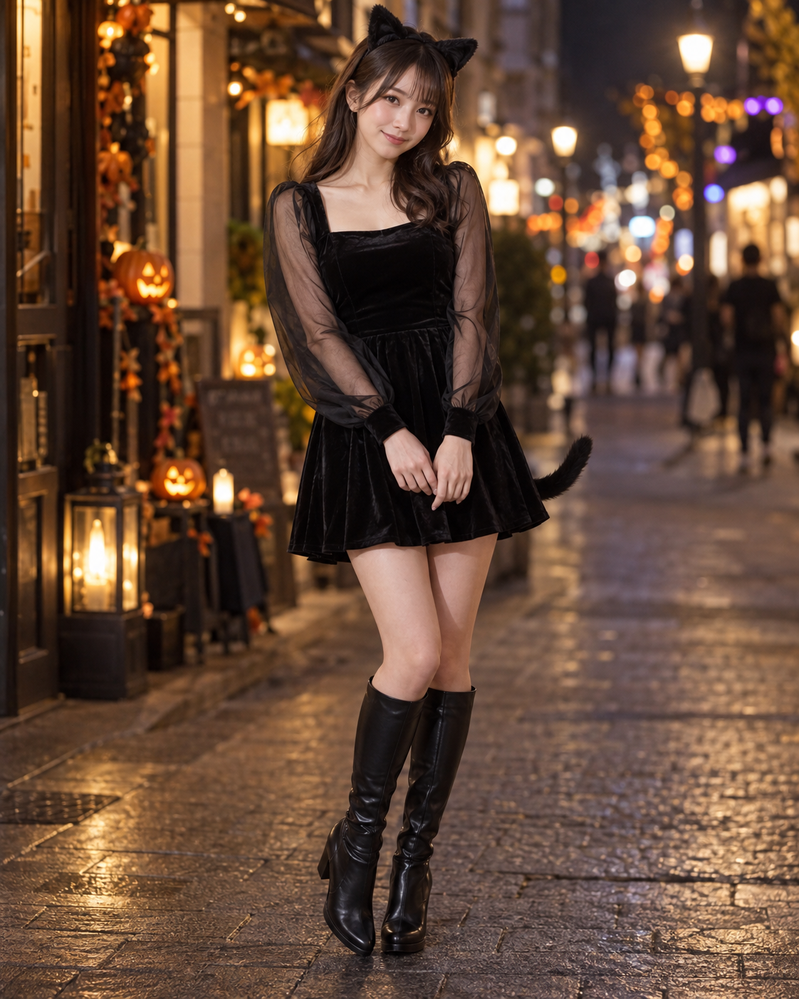 黒猫モチーフのミニドレスを着た成人日本人女性のハロウィンコスプレ