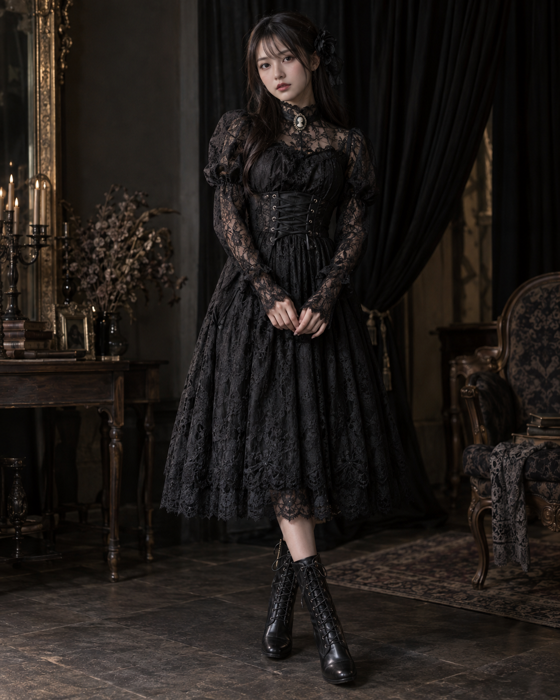 黒レースのゴシックドレスを着た成人日本人女性
