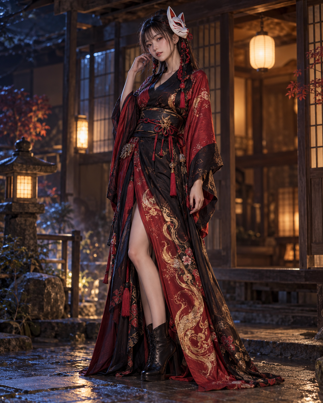 狐面と赤い和装ドレスをまとった成人日本人女性の和風妖怪コスプレ