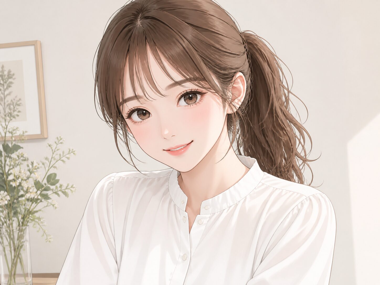 茶色のポニーテールと白いブラウスを指定した20代女性のイラスト