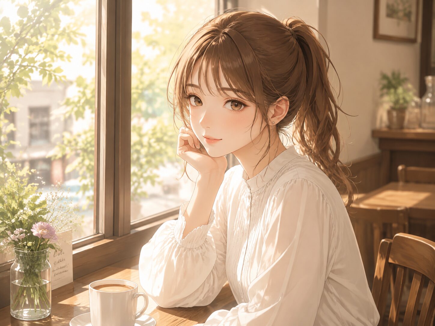 カフェの窓際でやわらかな日差しを受ける20代女性のイラスト