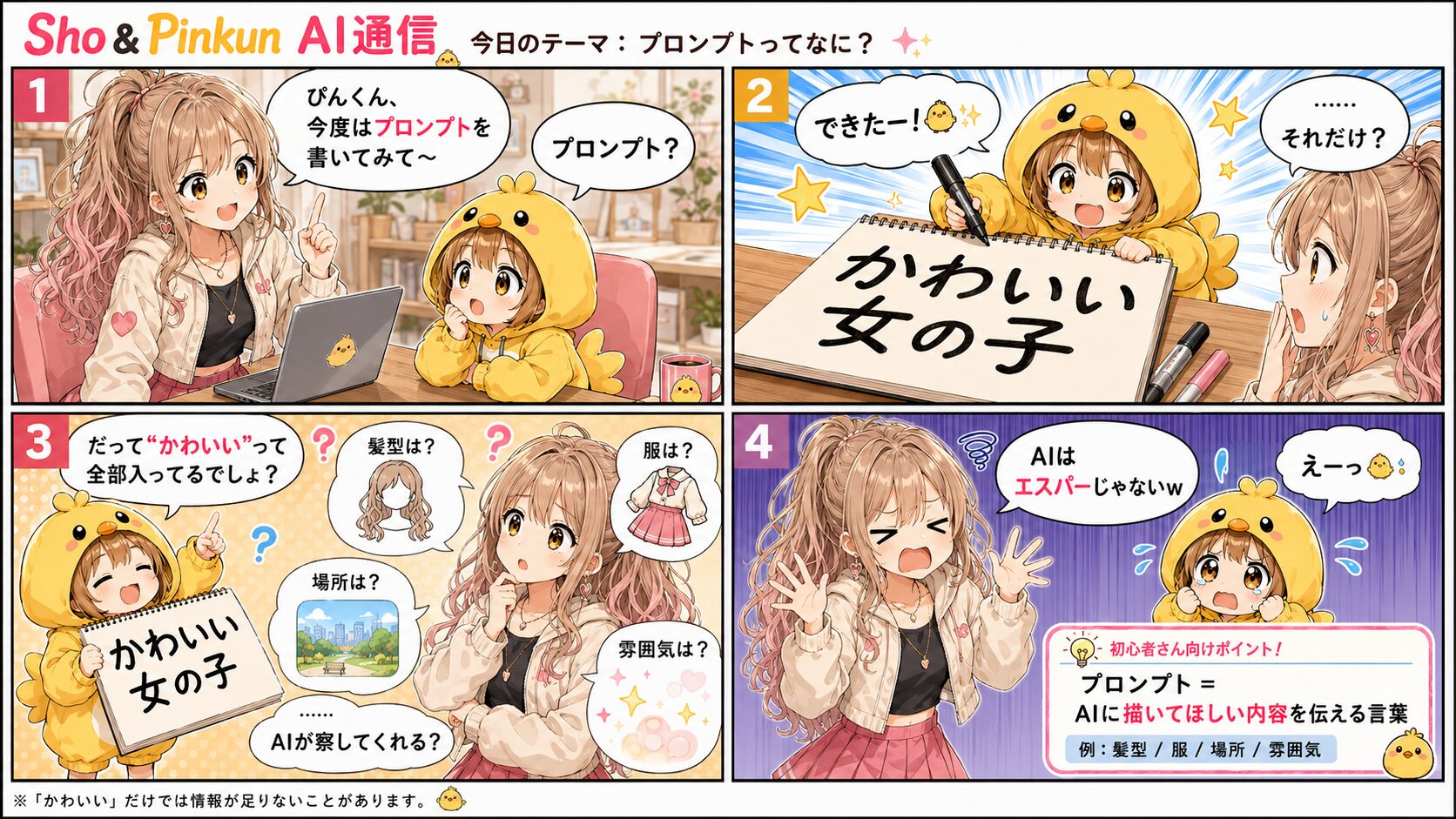 Shoとぴんくんがプロンプトの意味を学ぶ4コマ漫画