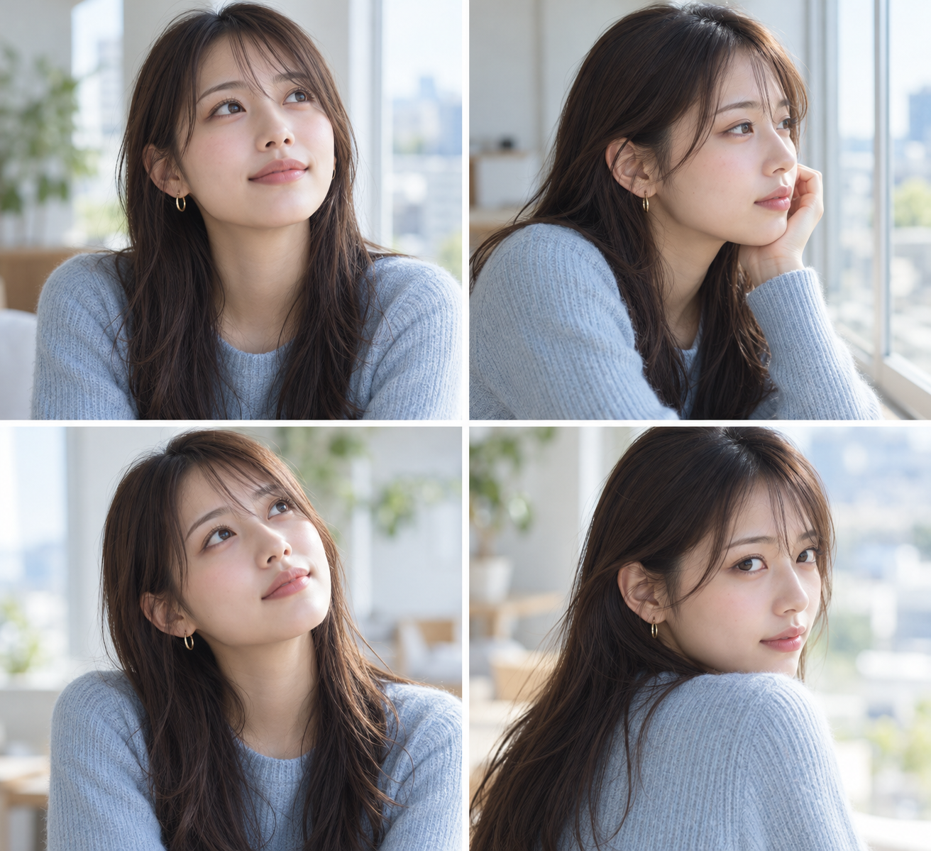 上を見る・窓を見る・斜め上・振り向いて遠くを見る視線の比較作例