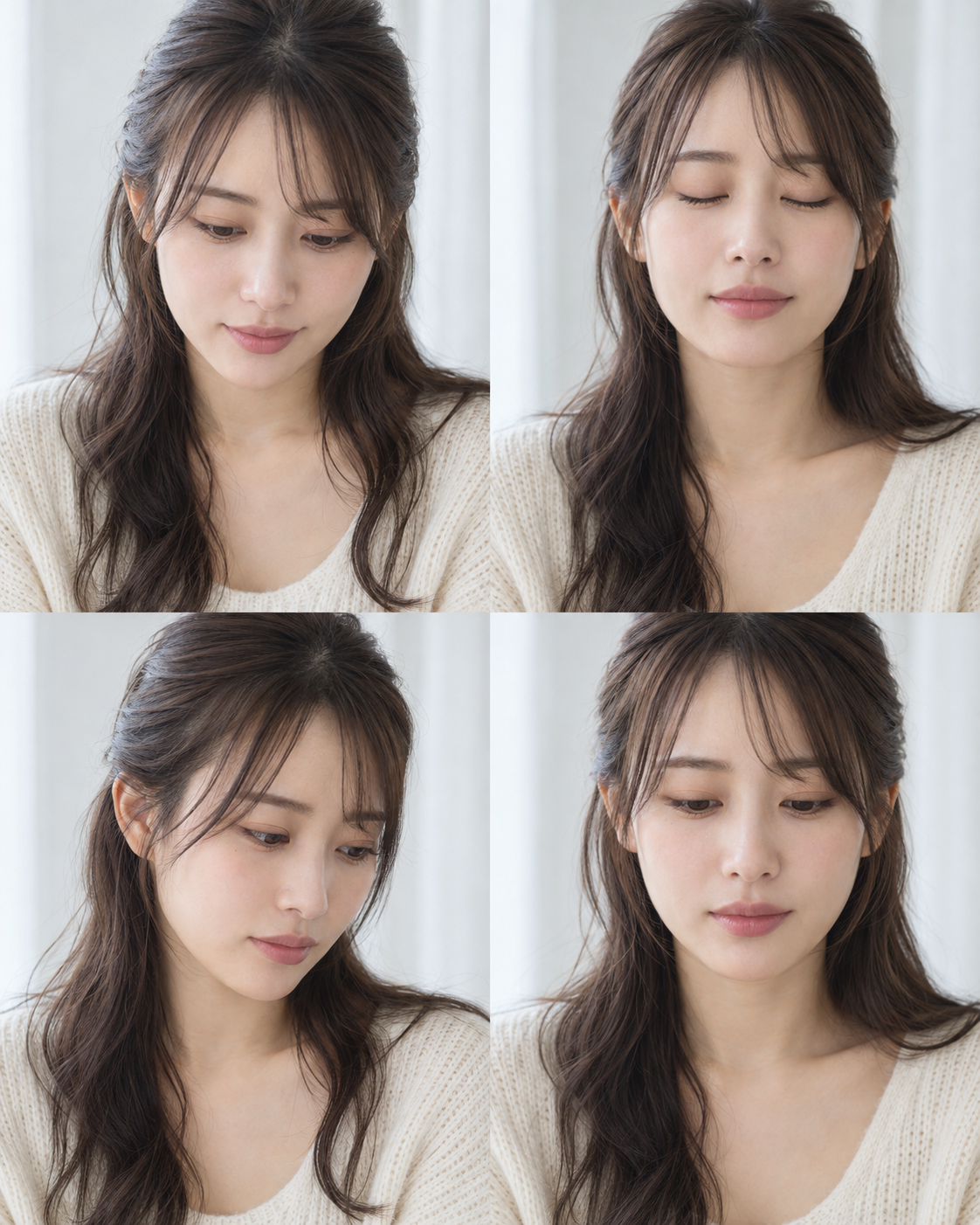 手元を見る・目を閉じる・考える・視線を落とす表情の比較作例