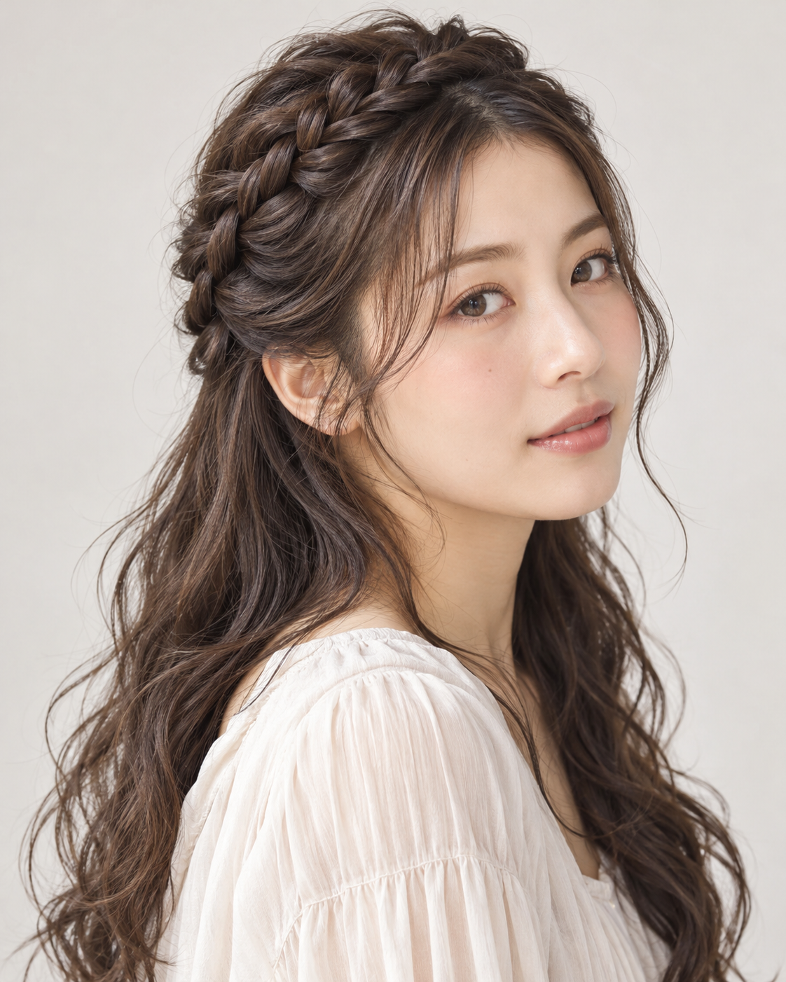 編み込みハーフアップの髪型をした22歳の成人日本人女性
