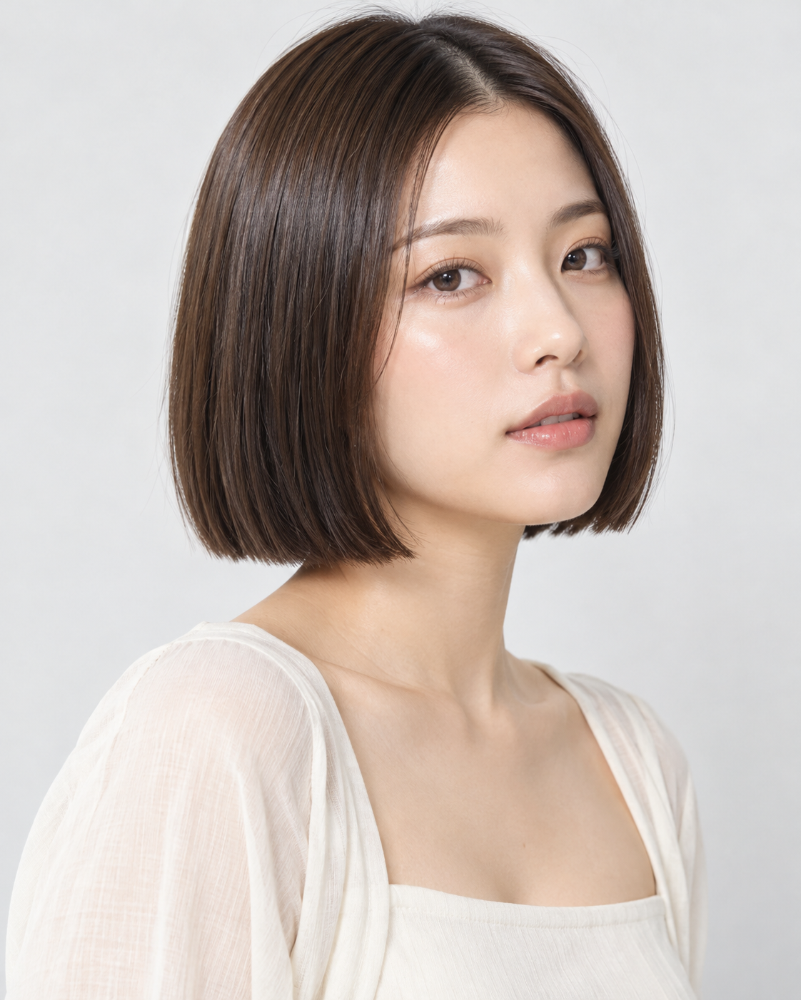 あごラインの切りっぱなしボブの髪型をした22歳の成人日本人女性