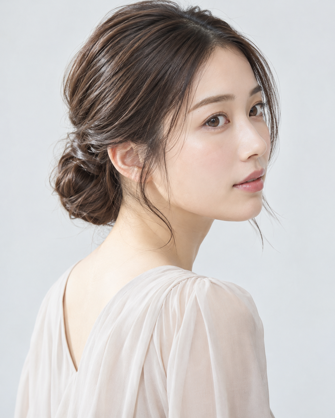 低めシニヨンの髪型をした22歳の成人日本人女性