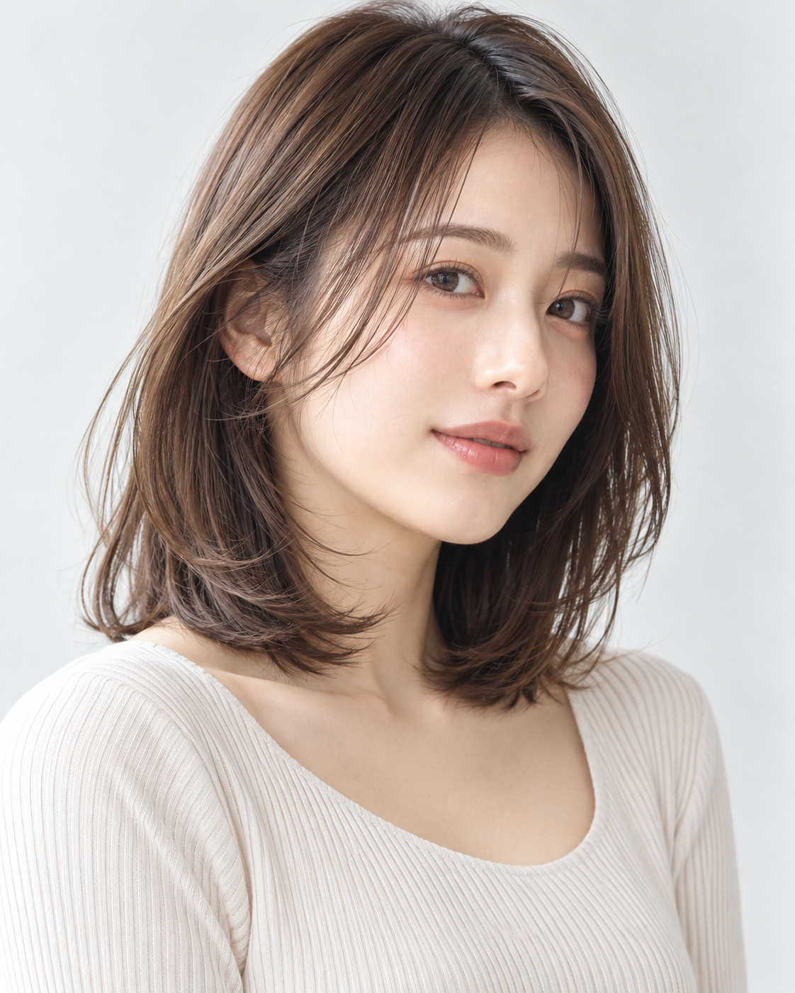 ミディアムレイヤーの髪型をした22歳の成人日本人女性