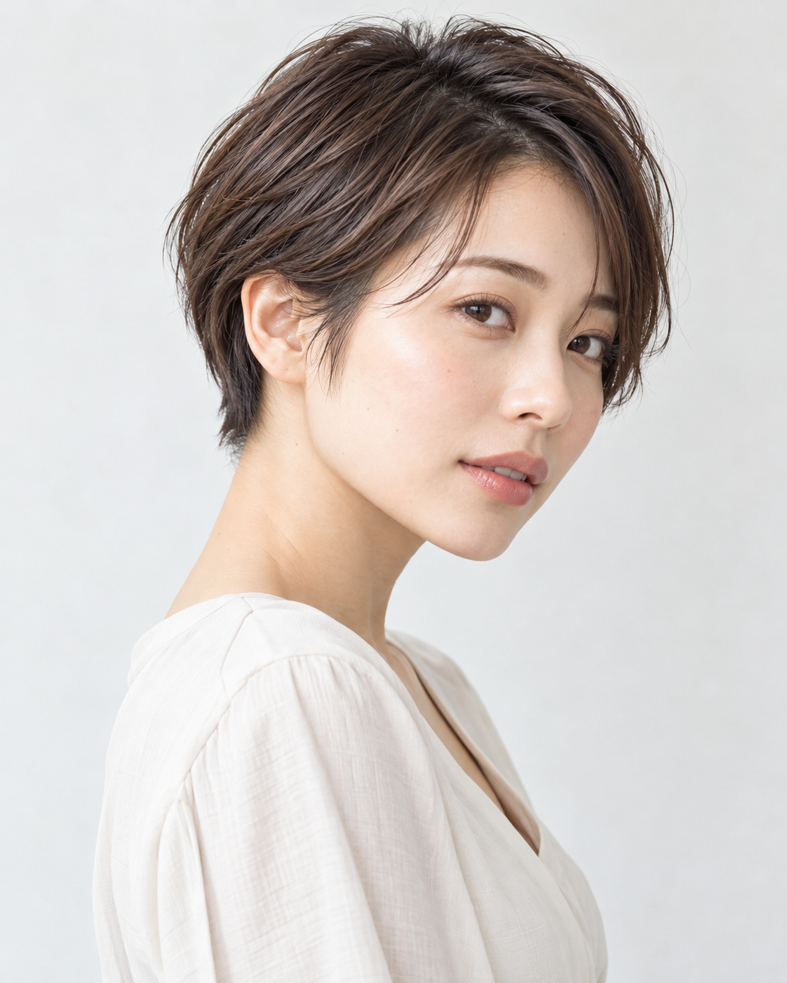 丸みショートの髪型をした22歳の成人日本人女性