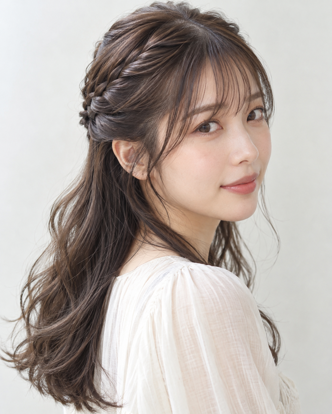 実際に生成した編み込みハーフアップの成人日本人女性