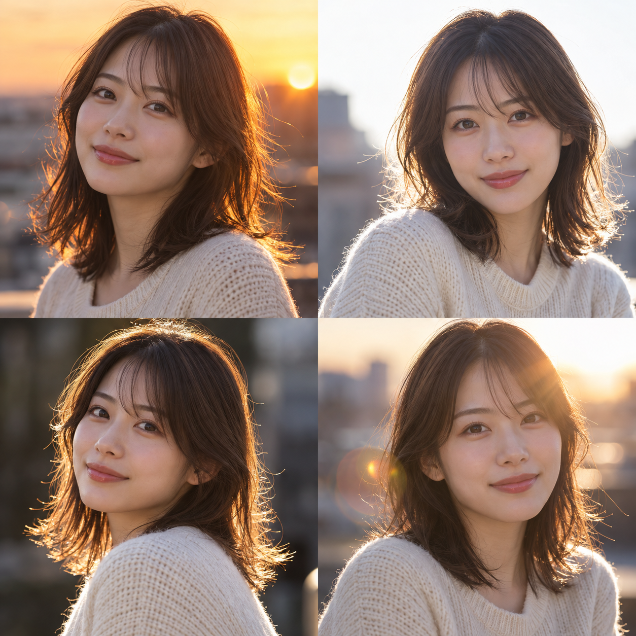 夕日の逆光・白いリムライト・ヘアライト・レンズフレアの比較