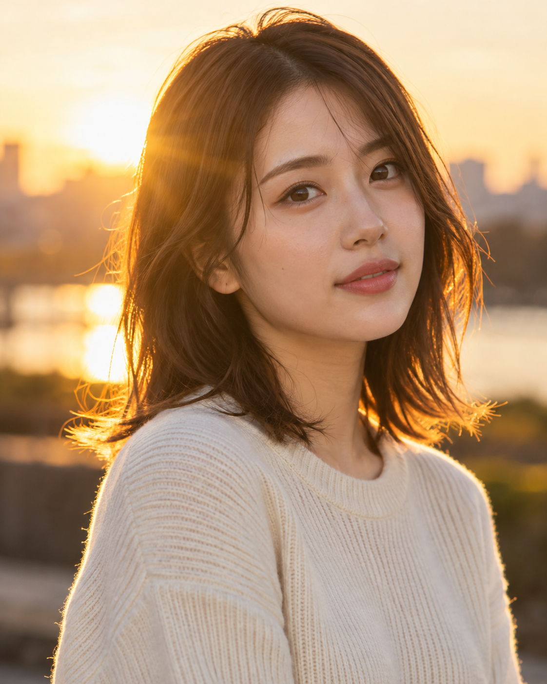 黄金色の逆光で髪の輪郭が輝く成人日本人女性