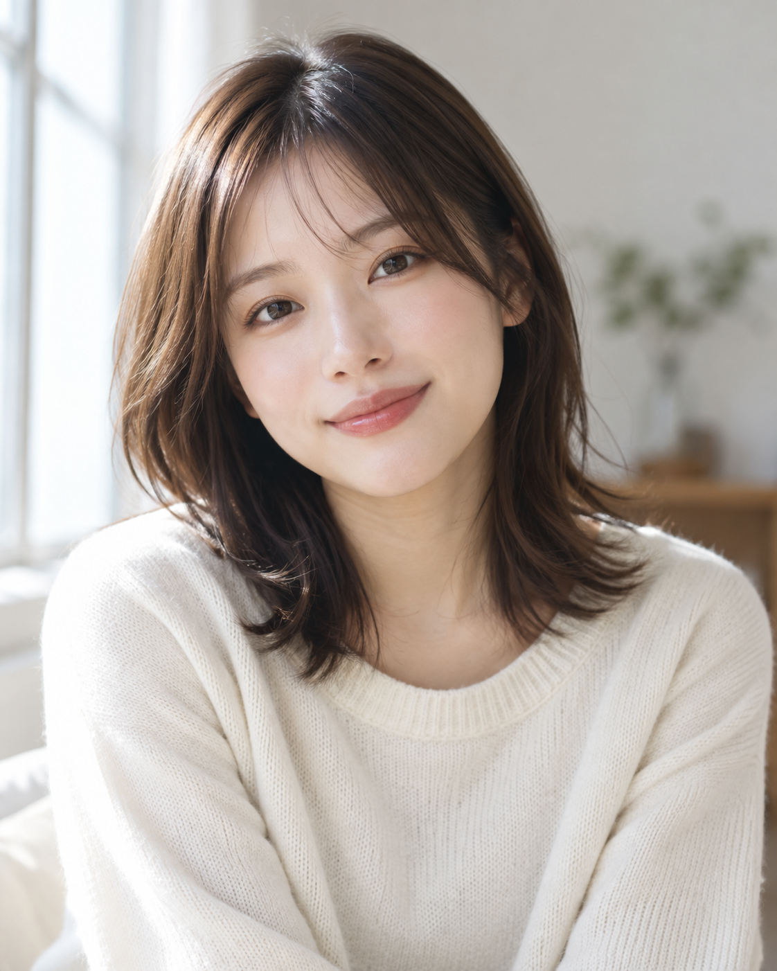 窓からの柔らかな自然光で撮影した成人日本人女性のポートレート