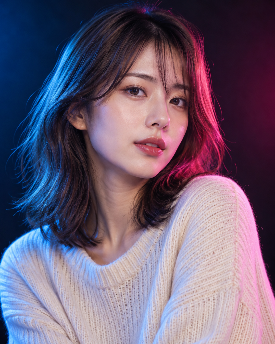 青とピンクのネオン照明を受けた成人日本人女性