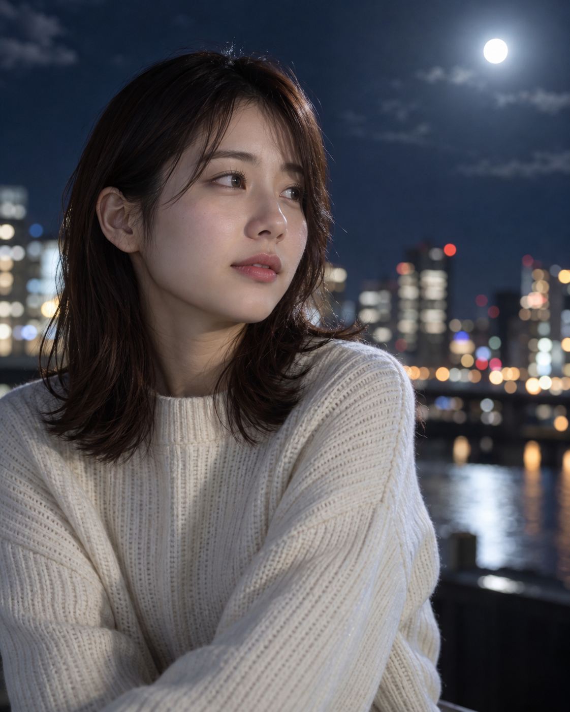 月明かりと街のボケを背景にした成人日本人女性