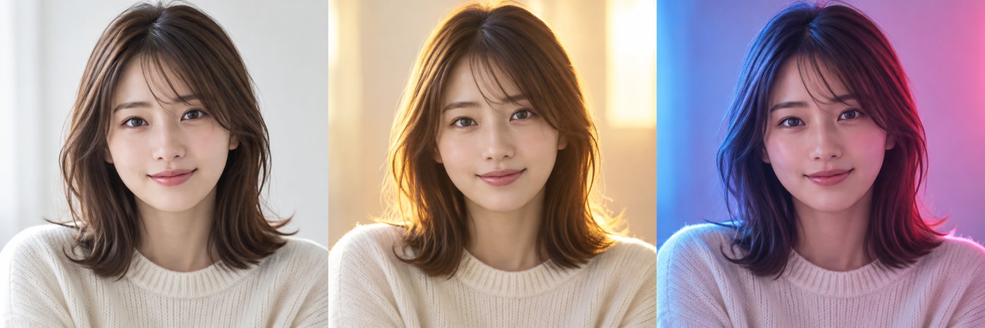 同じ成人女性を自然光・黄金色の逆光・青とピンクのネオンで比較した実生成画像