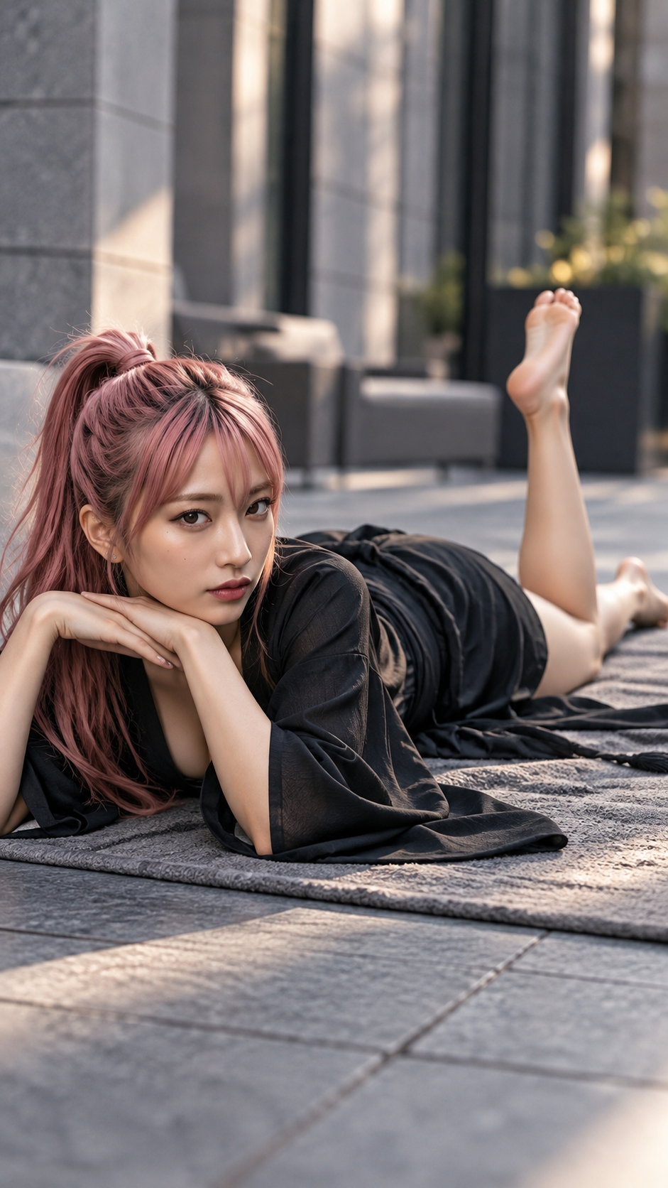 記事URLとNo.28の指定でうつ伏せ片脚曲げポーズを再現した生成結果